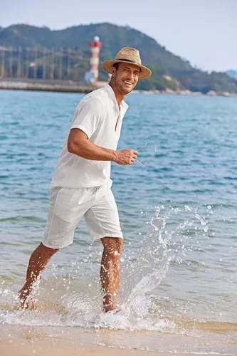 Vista 2 de COOFANDY Conjunto de 2 piezas de lino para hombre, camisas Henley casuales de manga corta, pantalones cortos de yoga para la playa, pantalones