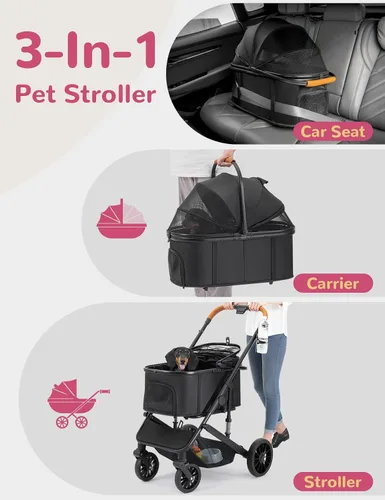 Vista 3 de Cochecito para perros pequeños y medianos de hasta 60 libras, cochecito plegable para mascotas con 4 ruedas con transportador desmontable