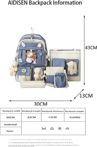Vista 2 de Mochila Kawaii de 5 piezas, bolsa deportiva estética de 17 pulgadas con bonita mochila, bolsa de hombro, caja de lápices, bolsa de mano, bolsa