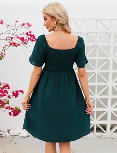 Vista 3 de KOJOOIN Vestido de maternidad de verano para mujer, lazo en la espalda, cuello cuadrado, manga abombada, hombros descubiertos, vestido de baby shower