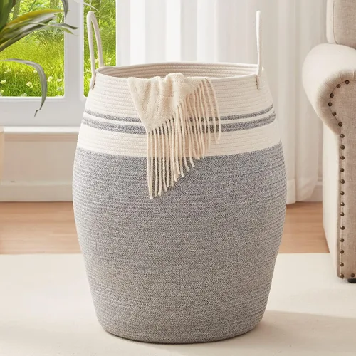 Vista 9 de OIAHOMY Cesta de lavandería tejida de cuerda, tamaño grande, con asas extendidas para ropa y juguetes, cesta alta de 25.6 pulgadas, plegable
