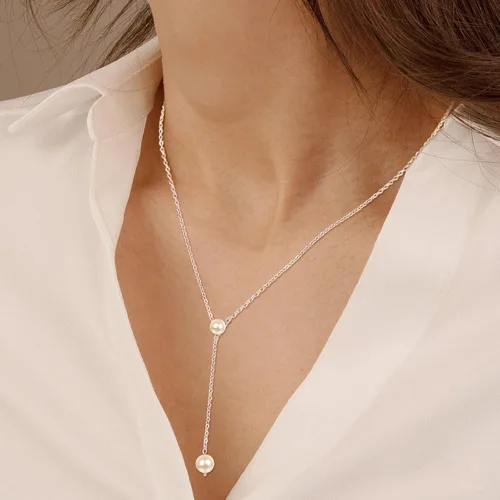 Vista 4 de Collar de perlas para mujer, de plata de ley, simple, a la moda, delicado, collar de perlas de capas largas, collar de perlas de perlas, regalos