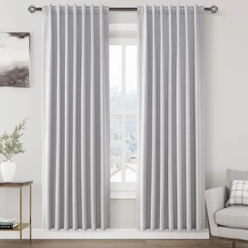 Vista 96 de Nanspring Cortinas de lino 100% opacas para dormitorio, 96 pulgadas de largo, con pestaña trasera, bolsillo para barra, aislamiento térmico, cortina