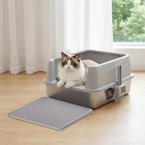 Vista 7 de Henkelion Caja de arena para gatos de acero inoxidable con tapa, caja de arena extra grande para gatos grandes con lados altos, antiadherente