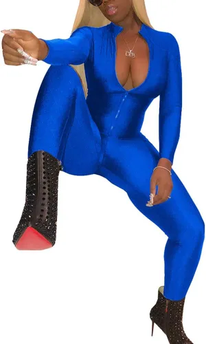 Vista 4 de ECHOINE - Atuendo de una pieza para mujer con manga larga, cremallera, sexy, cuello profundo en v, pantalón largo, para fiestas y clubes, overol