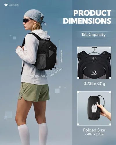 Vista 8 de WATERFLY Mochila pequeña y ligera con bolsillo para teléfono con correa Negro