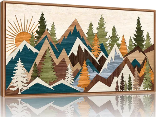 Vista 11 de Tinonedraw Arte de Pared en Lienzo Enmarcado de Paisaje de Montaña Beige, Decoración de Pared Moderna Abstracta de Mediados de Siglo, Arte de Lago