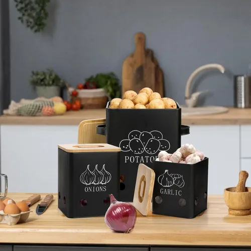 Vista 7 de WUWEOT Paquete de 3 latas de almacenamiento de verduras, botes de almacenamiento de patatas cebollas y ajos, organizador de verduras frescas
