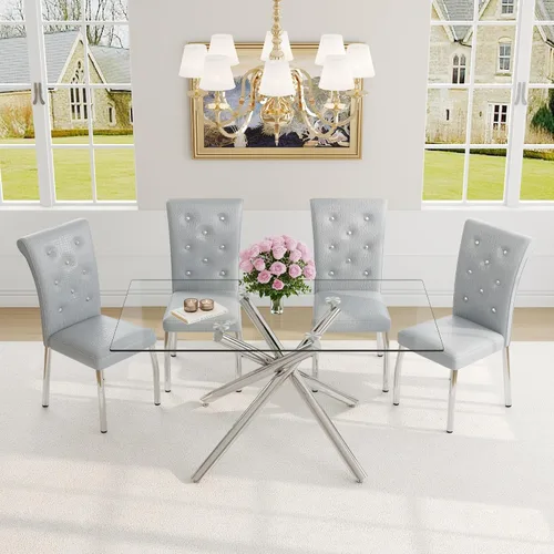 Vista 38 de Juego de mesa de comedor moderna para mesa de comedor negra de 4,63 pulgadas, juego de 4 con patas de metal dorado, mesa de cocina rectangular
