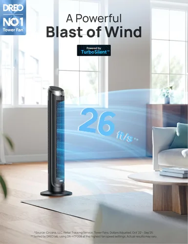 Vista 2 de Dreo - Ventilador de torre para dormitorio, ventiladores oscilantes de 90° que soplan aire frío, 5 velocidades, 4 modos con velocidad de 26 pies por