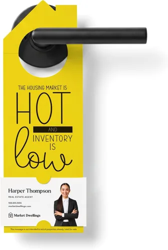 Vista 9 de Real Estate Door Hangers for Agents, The Housing Market Is Hot and Inventory Is Low, 50 Pack with Business Card Slot, 100lb Cardstock, White, Market