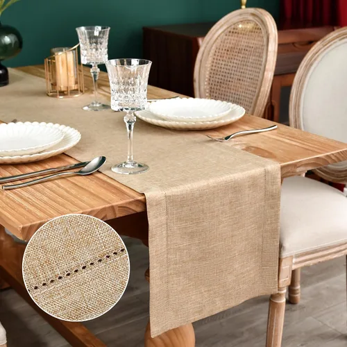 Vista 10 de NEWISHER Camino de mesa rústico de lino sintético con borde de vainica, decoración de mesa rectangular beige sólido para comedor, mesa auxiliar