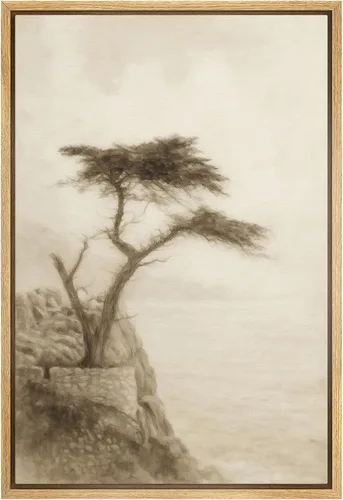 Vista 12 de SIGNLEADER Lienzo enmarcado para pared, pinos resistentes en acantilado, árbol de montaña en tono sepia, ilustración de paisaje, arte moderno