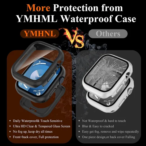 Vista 4 de YMHML - Funda impermeable para Apple Watch Series 9 de 1.772 pulgadas, protector de pantalla de vidrio templado 360, cubierta frontal