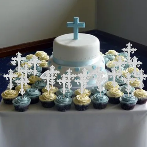 Vista 5 de 24 adornos cruzados para cupcakes con diseño de Dios bendiga y bautismo, para cupcakes de cruz, decoración de primera comunión para tartas