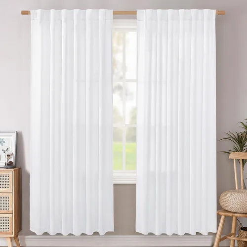 Vista 12 de BGment Cortinas cortas de lino marfil de 36 pulgadas de largo para ventanas de cocina, pequeñas cortinas texturizadas rústicas para café sobre