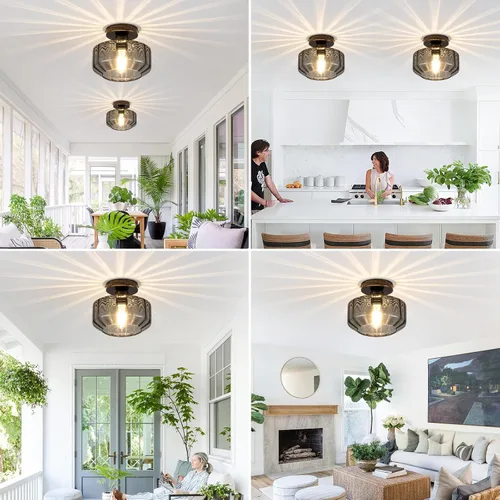 Vista 5 de Lámpara de techo empotrada de vidrio ahumado con LED de 1200 lúmenes, color negro champán dorado de 8.66 pulgadas, accesorio clasificado para Negro