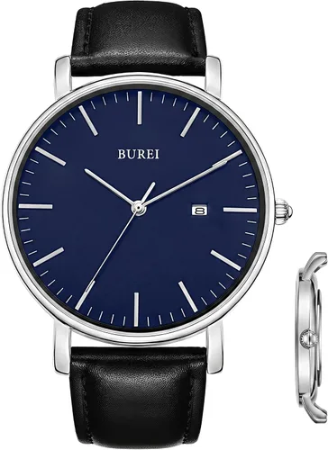 Vista 23 de BUREI Relojes de pulsera para hombre, relojes minimalistas de moda, analógicos de cuarzo, impermeables para hombres Banda negra negra