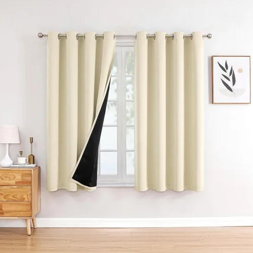 Vista 44 de ChrisDowa Cortinas 100% opacas de 63 pulgadas de largo para dormitorio con forro negro, 2 capas gruesas totalmente opacas con aislamiento térmico