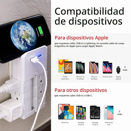Vista 5 de GE - Extensor de 6 tomas con salidas giratorias, 2 puertos USB, enchufe de pared con toma de tierra, estante para dispositivos incorporado