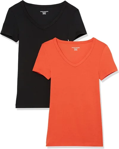 Vista 17 de Amazon Essentials Camiseta ajustada de manga corta con cuello en V para mujer, paquete de 2 Negro