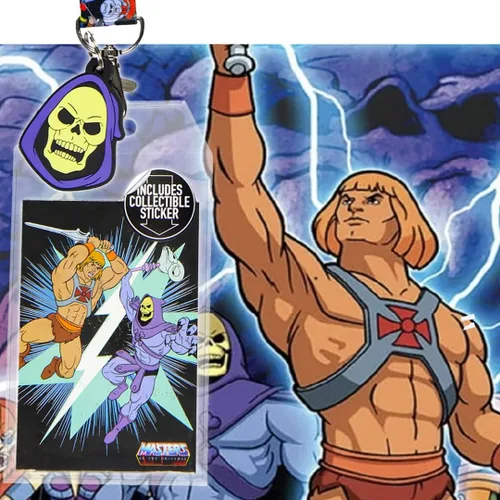 Vista 5 de He-Man Master of The Universe - Soporte para tarjetas de identificación con dije de esqueleto de goma y calcomanía coleccionable