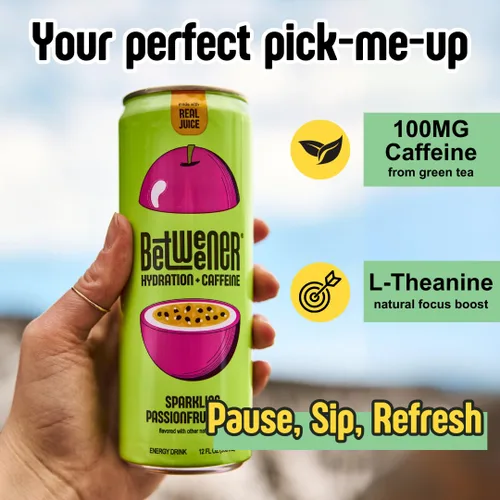 Vista 6 de Betweener Sparkling Energy Seltzer, agua con gas con jugo real y 100 mg de cafeína, ligero y refrescante, L-teanina para concentración, vitaminas