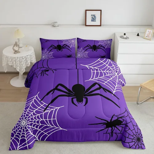 Vista 9 de Castle Fairy Spider Web Comforter Set,Happy Halloween Theme Hippie Bedding Sets for Kids Teens Adults,Black Spider Wild Animal Silhouette Comforter
