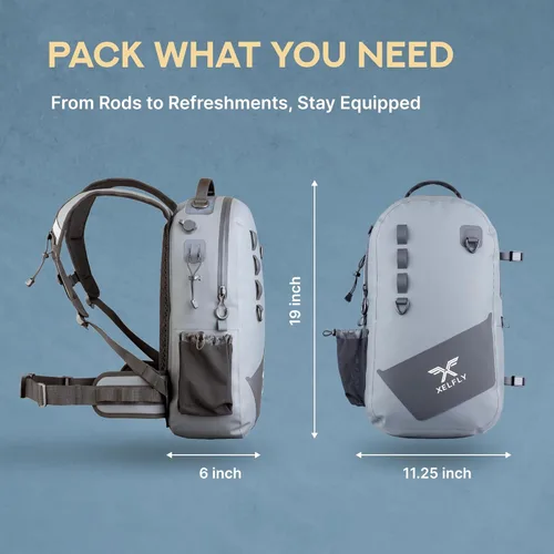 Vista 5 de Xelfly - Mochila de pesca impermeable con soporte para caña, válvula de aire inflable, correas acolchadas para la cintura y bucles para engranajes