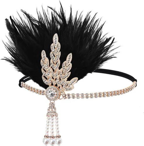 Vista 2 de Juego de accesorios de Gatsby de los años 20 para mujer, diadema de plumas, collar de perlas y guantes