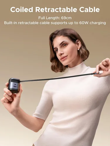 Vista 3 de UGREEN Nexode - Cargador retráctil USB C de 65 W GaN con cable integrado, adaptador de pared de carga rápida de 2 puertos para iPhone 17/16/15