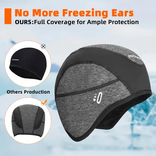 Vista 5 de ROCKBROS Gorras de ciclismo de invierno para hombres y mujeres, sombrero de ciclismo a prueba de viento con visera solar debajo del casco forro negro