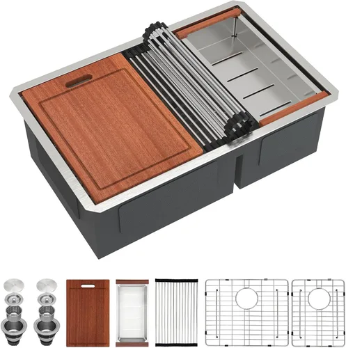 Vista 31 de Sarlai Fregadero de Cocina Dorado Bajo Encimera de 33 Pulgadas Doble Tazón 33 x 19 Pulgadas Bajo Dividido Dorado Estación de Trabajo Fregadero Doble