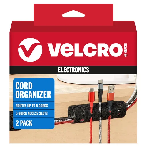 Vista 6 de VELCRO Brand Organizador de cables para escritorio y mesita de noche, 5 ranuras para cables con enrutamiento de mangas, soporte de alambre adhesivo