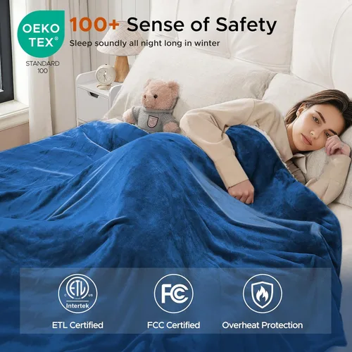 Vista 7 de Manta Térmica de 50"x60", Franela Ultra Suave y Sherpa Manta Eléctrica, Calentamiento Rápido y Protección contra Sobrecalentamiento, 9 Temperaturas