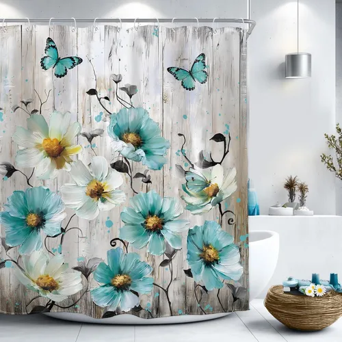 Vista 23 de Cortina de ducha floral roja para baño, 60 pulgadas de ancho x 72 pulgadas de largo, flor de cerezo, ciruela, estética asiática, japonesa, acuarela