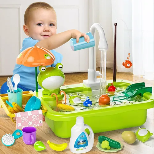 Vista 2 de Fregadero de juego con agua corriente, juguete de fregadero de cocina con grifo eléctrico, accesorios de cocina, juguetes flotantes de piscina