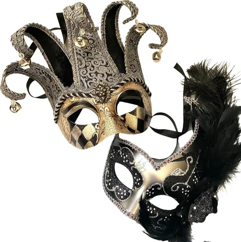 Vista 2 de MASQ STUDIO - Máscara de máscaras para parejas, Jolly Jester Cosplay Mardi Gras baile baile fiesta de cumpleaños o decoración