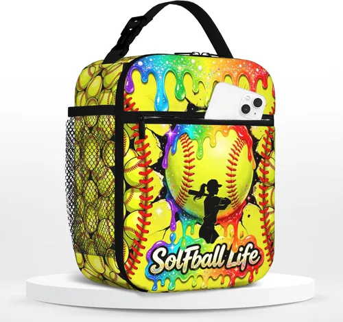 Vista 20 de Lonchera de béisbol para niños, con aislamiento, con diseño de calavera y béisbol, lonchera para niños, escuela, trabajo, oficina, viajes, picnic