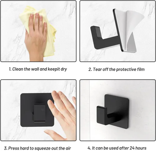 Vista 6 de Ganchos de toalla para adhesivo de baño, paquete de 4 ganchos de baño negro mate para toallas, gancho de toalla resistente a la corrosión, ganchos