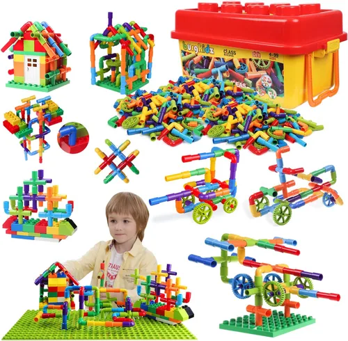 Vista 10 de burgkidz STEM - Bloques de construcción de tubo de aprendizaje para tubo, juguetes sensoriales con ruedas, placa base para todas las edades, niños