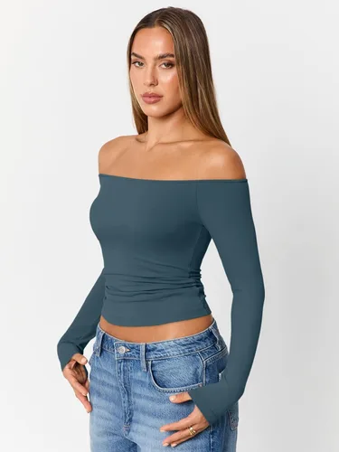 Vista 5 de Trendy Queen Camisetas básicas sexy para mujer con hombros descubiertos Azul