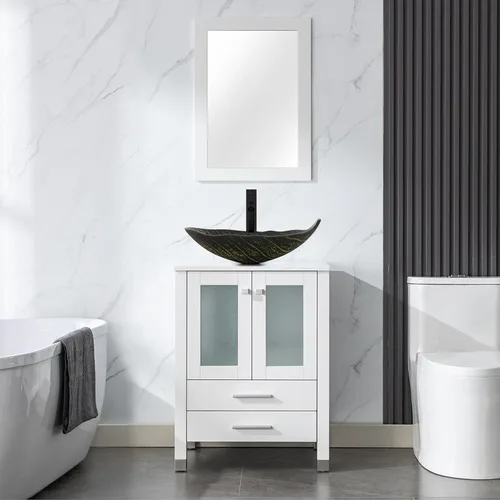 Vista 10 de LUCKWIND Combinación de tocador de baño de 24 pulgadas con lavabo, serie elegante con marco pintado, armario de almacenamiento de baño de dos