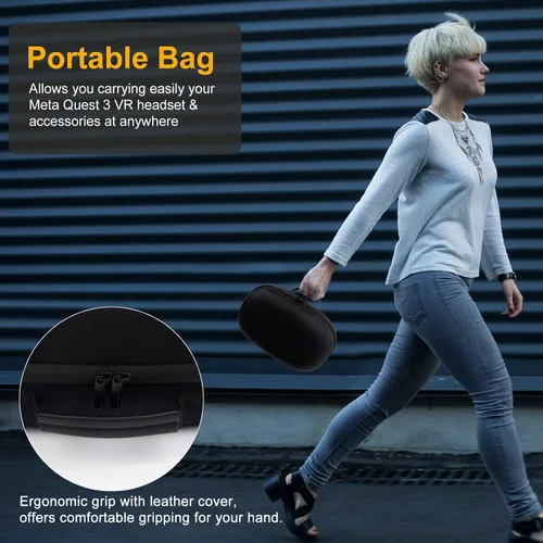 Vista 5 de XINGFUDAO Funda de transporte para auriculares Meta Quest 3 VR y controlador de juegos, Meta Quest 3 funda de transporte con espacio
