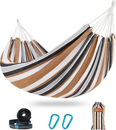 Vista 10 de Lazy Daze Hammocks Hamaca doble brasileña de algodón, hamaca portátil extragrande para acampar al aire libre con correas para árboles y bolsa
