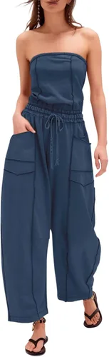 Vista 7 de Sexyasasii Overol casual sin tirantes para mujer, con hombros descubiertos, pantalones largos de pierna ancha con cordón y bolsillos