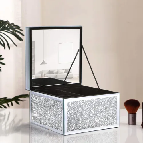 Vista 5 de MOMNGNE Joyero de cristal triturado de plata con diamantes de imitación de cristal, organizador de almacenamiento para anillos, aretes, collares