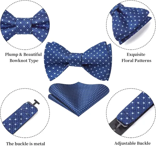 Vista 58 de HISDERN Pajaritas para hombre, diseño de lunares, corbatín y bolsillo cuadrado, clásico, esmoquin de negocios, boda, pajaritas, pañuelo