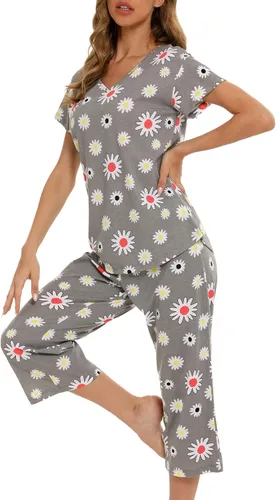 Vista 3 de ENJOYNIGHT Conjunto de pijama para mujer, ropa de dormir de algodón con pantalones capri, lindos pijamas