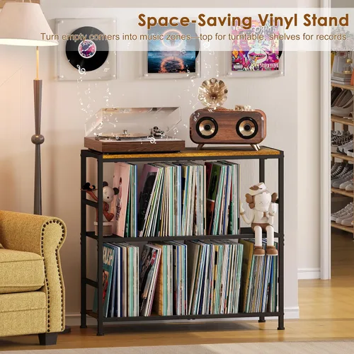 Vista 6 de Sonyabecca Soporte para tocadiscos con 4 divisores ajustables, almacenamiento de discos de vinilo hasta 350 álbumes, soporte de almacenamiento
